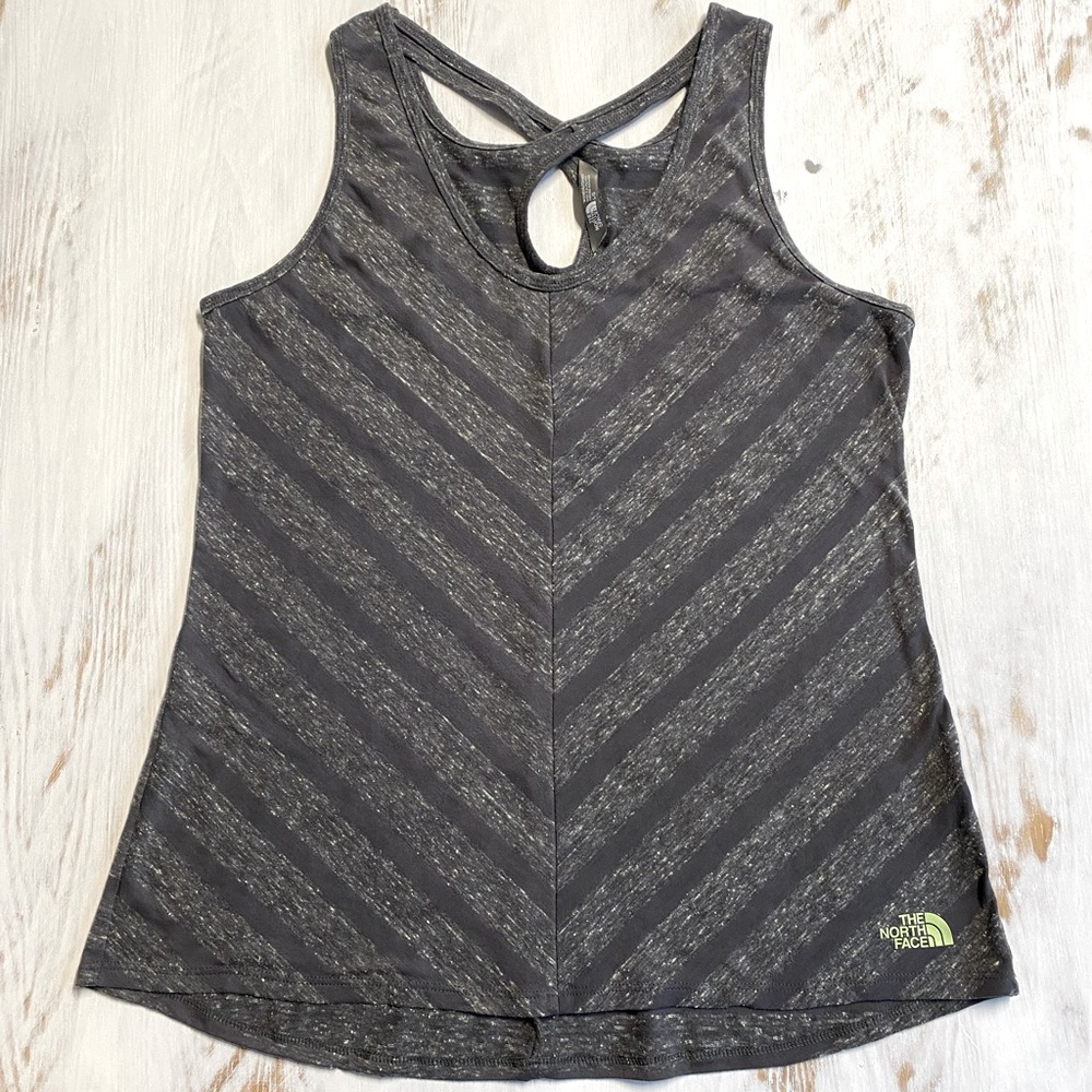 THE NORTH FACE Black Gray Chevron Striped Athletic Tank With Criss Cross Back